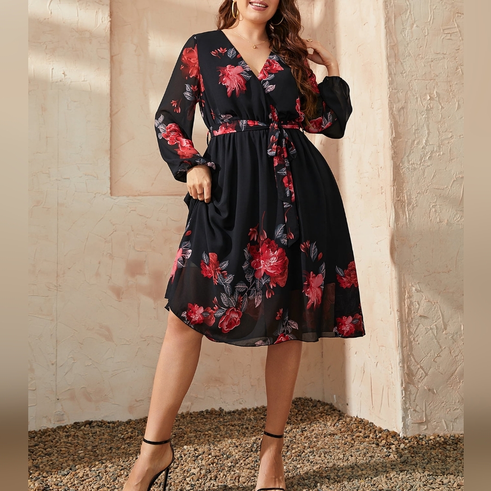 Women's Black Floral Tie Waist Dress